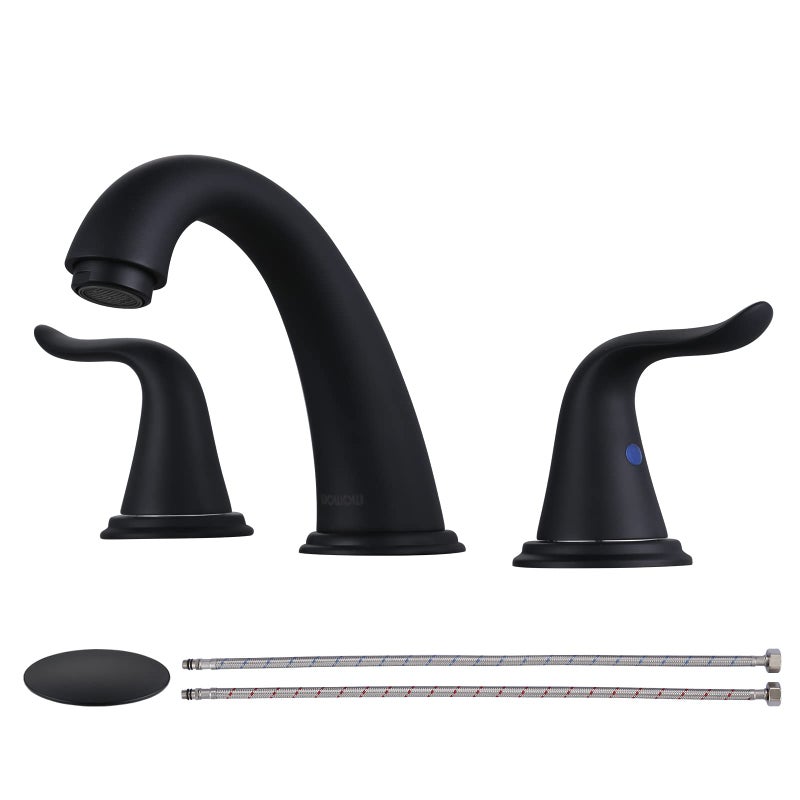 WOWOW Widespread Bathroom Faucet - 3 Hole, Black, 8 Inch Center, Double Handle, High Arc, Lavatory Basin Faucet with Pop Up Drain Assembly - Image 1